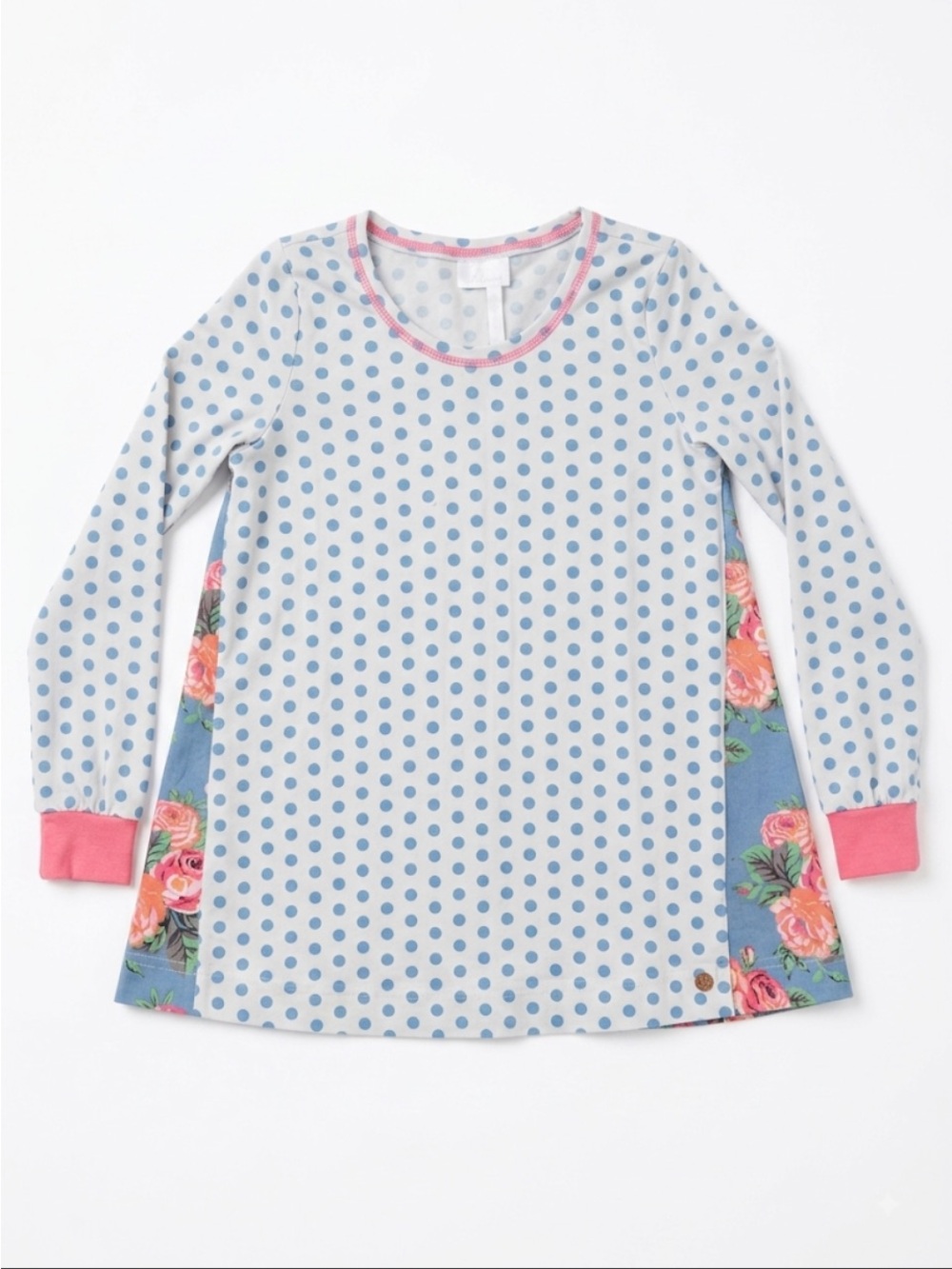 Matilda Jane White & Light Blue Polka Dot Long Sleeve Top with Pink Trim size 10